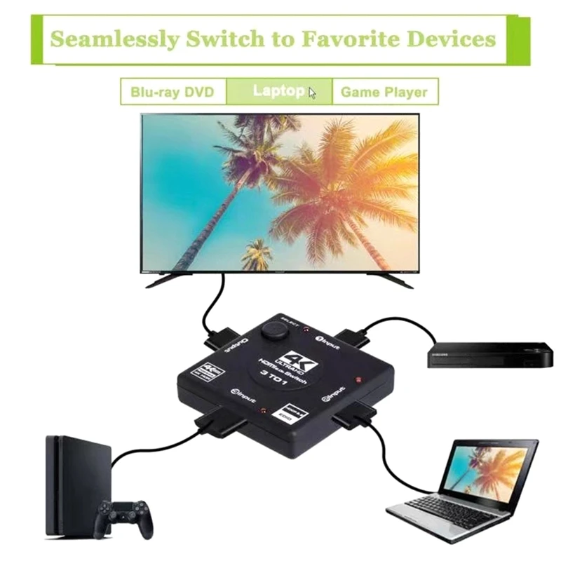 

HDMI 2.0 Switcher 3 in 1 Out No Power Supply Required HDMI Switcher 3X1 4K60Hz