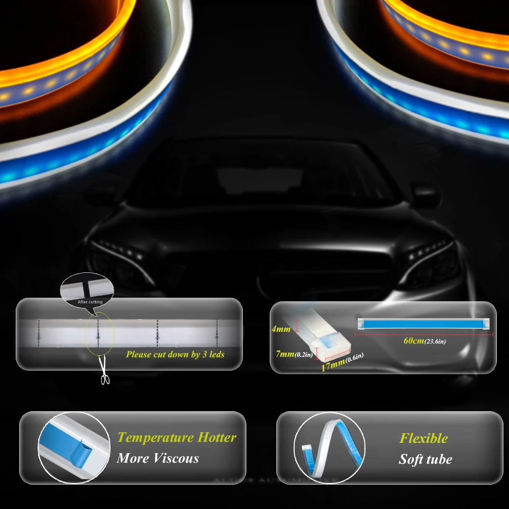 2шт ультра-тонкий Янтарный Белый DRL Дневной ходовой светильник гибкий