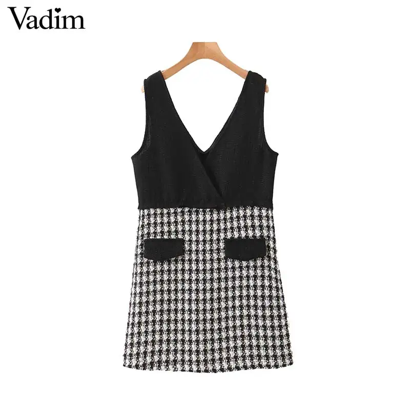 Женское твидовое платье Vadim лоскутное мини с v образным вырезом без рукавов