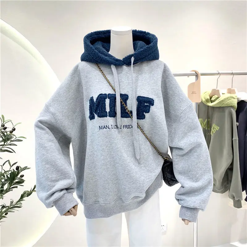 

Women's Loose Cotton Casual Letters Wide Sleeved Hoodie Quality Thick Streetwear Fashion Patchwork Oversized Sweatshirt