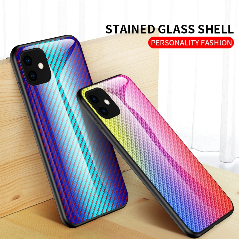 for apple iphone 11 case hard tempered glass gradient carbon fiber protect back cover case for iphone 11 pro max iphone11 11pro free global shipping
