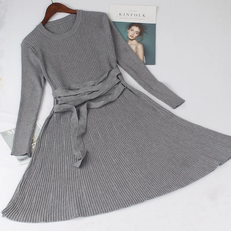 grey 1999 GIGOGOU осенне-зимнее теплое женское платье-свитер на шнуровке, толстые женские платья трапециевидной формы, тонкие трикотажные плиссированные платья - Color: grey 1999