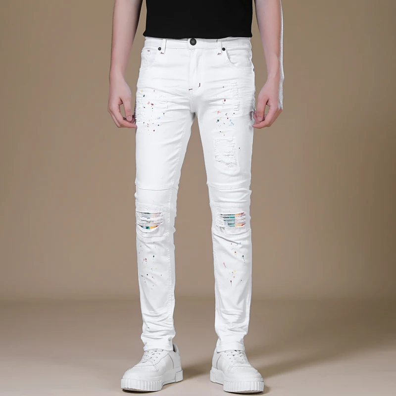 

New Men Patchwork Ripped Jeans White Fashion Paint Printing Slim Taper Denim Pants Hip Hop Trend Youth Trousers Streetwear