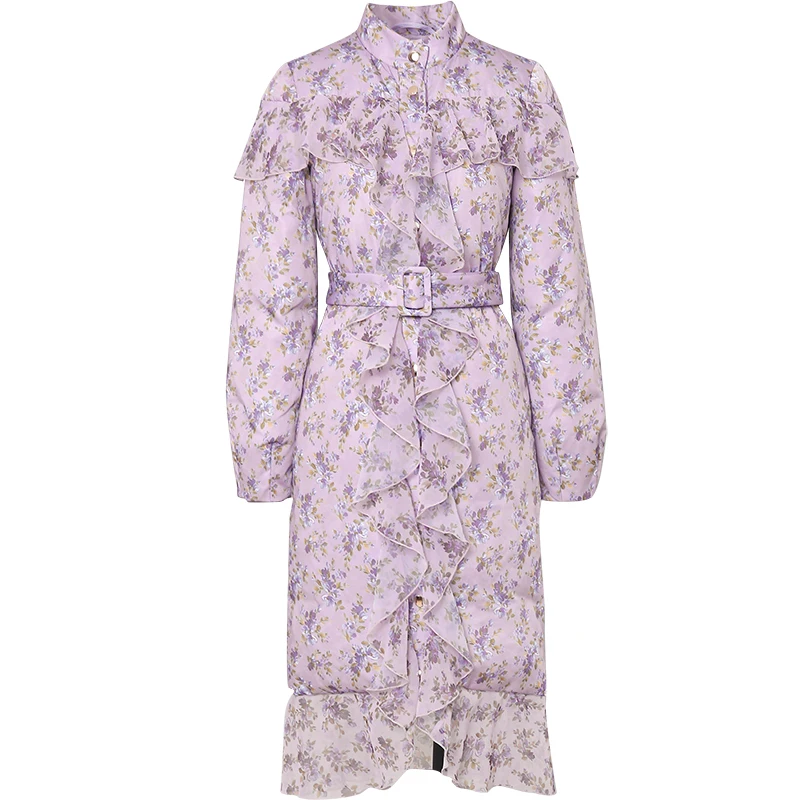 

Vintage Floral Print Down Coats Women Long sleeve purple White Duck Down Overcoat Outwear Winter New