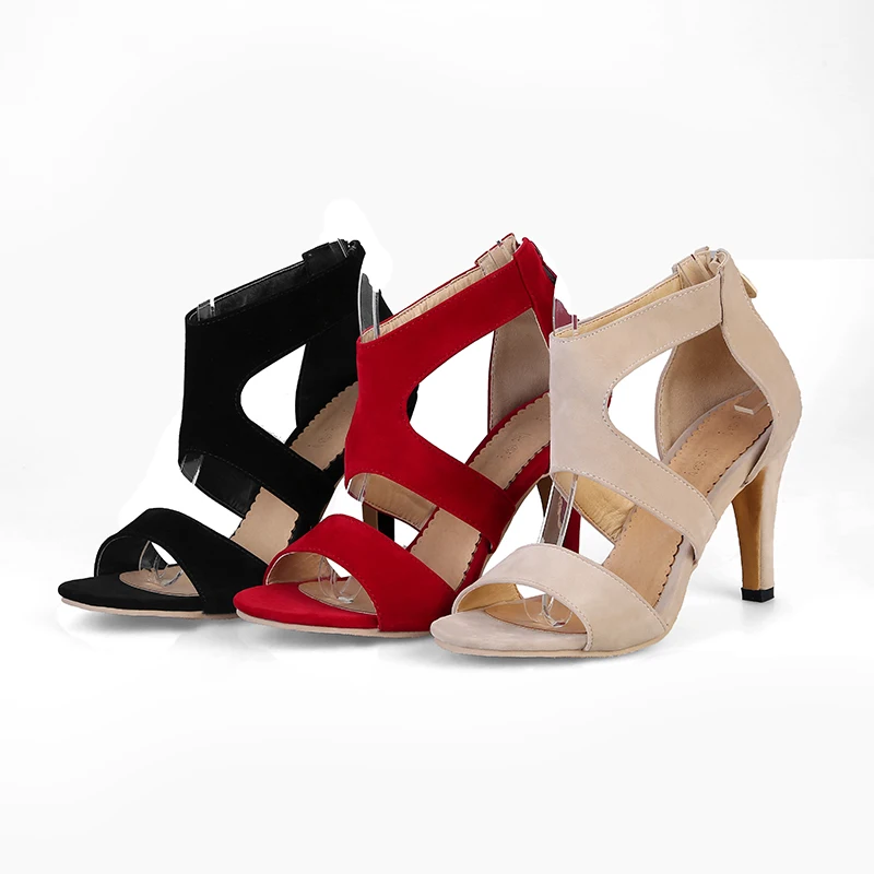 

Street style sexy peep toe summer sandals fashion flock zipper beige red black high heels stiletto women's shoes big size