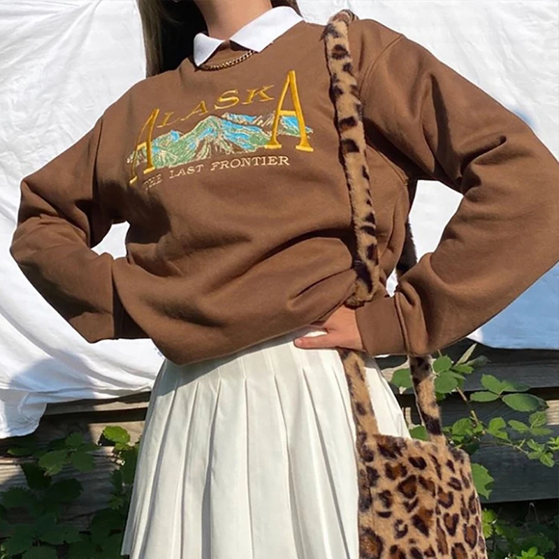 

Vintage Letter Embroidery Brown Crewneck Sweatshirt Women Long Sleeve Streetwear Brand Design Sports Girls American Stylish BF