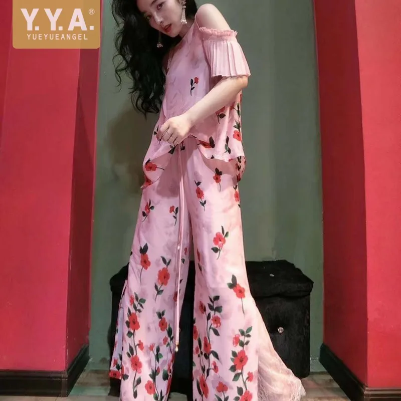 

Off Shoulder Printed Chiffon T-Shirt Split Patchwork Lace Elastic High Waist Wide Leg Pants Women 2021 Summer Sexy Matching Sets