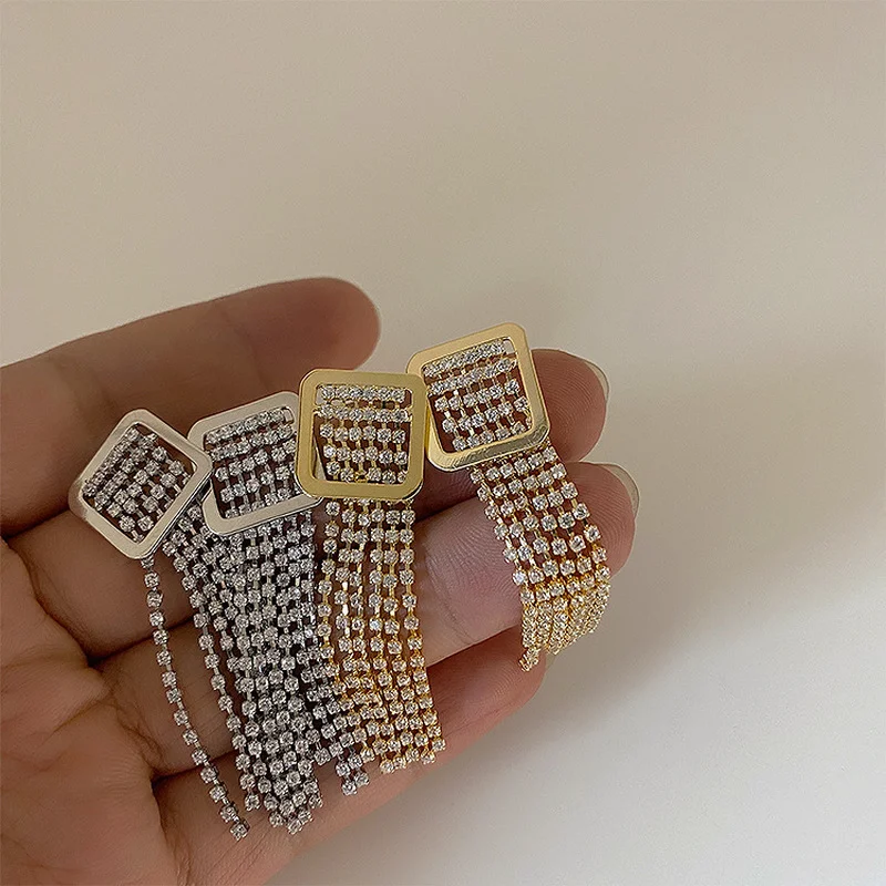 

Origin Summer Temperament Bling Bling Square Geometric Dangle Earring for Women Fairy Cubic Zircon Long Tassel Earring Jewellery