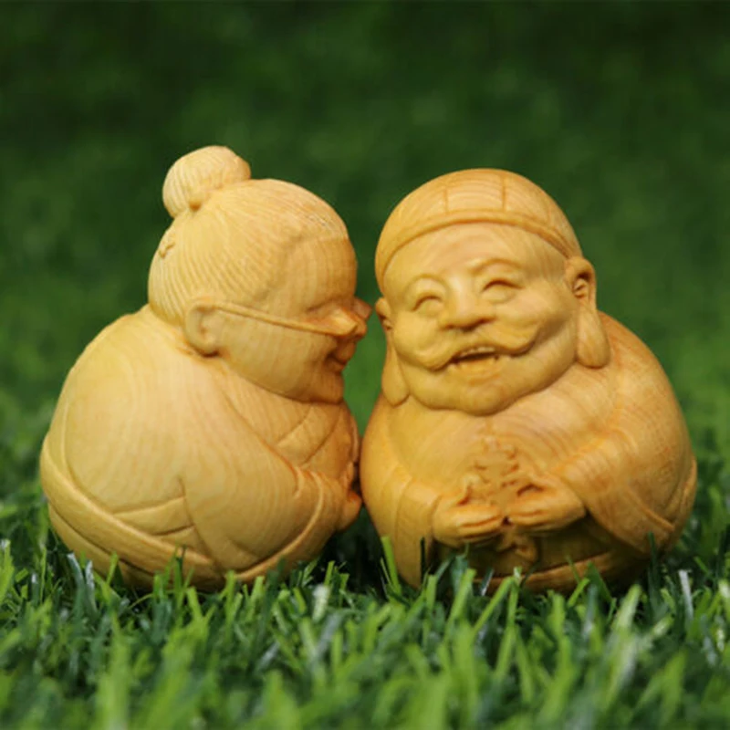 

7 X 4.9 X 5.1CM Elder Couple Hand Carved Boxwood Figurine Carving Happy Man and Woman Sculpture - #ZQC012