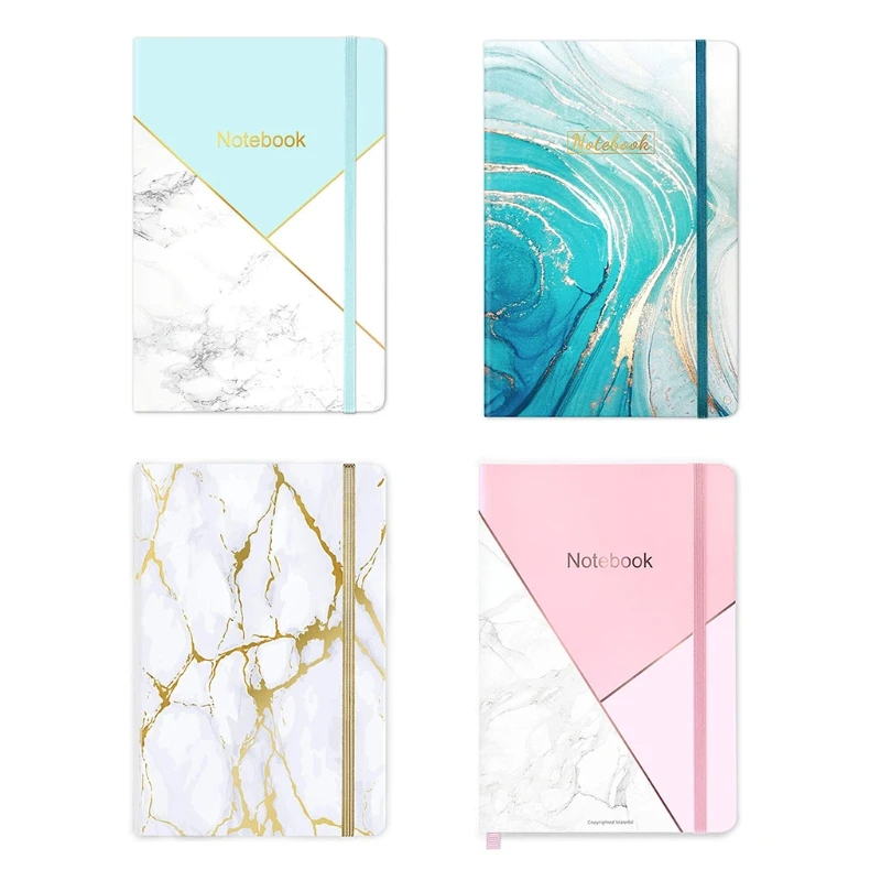 

Hardcover Marble Notebook 200 Pages Lined Papers with Elastic Strap Ribbon Bookmark Office Notepad Daily Workout Journal