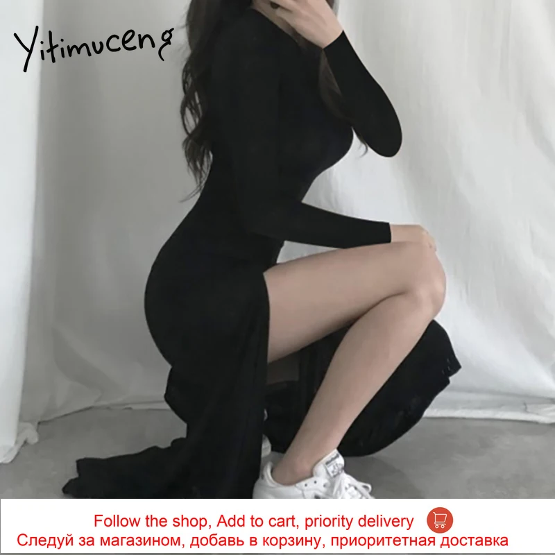 

Yitimuceng Midi Dresses for Women Split Fork Slim Sexy Dress Korean Fashion High Waist Long Sleeve Black Sundress 2021 Spring