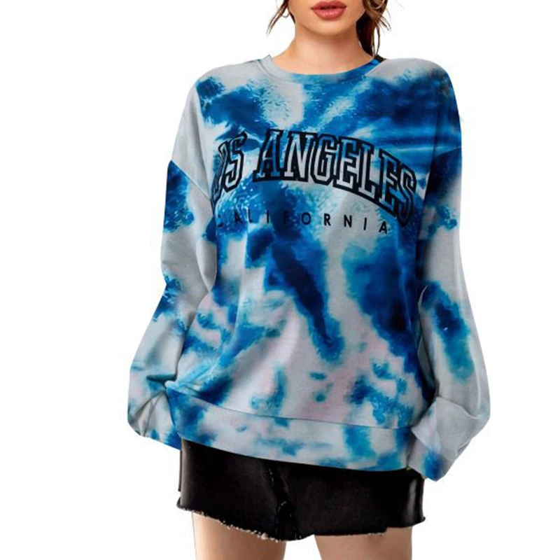 

Los Angeles Print Blue Tie Dye American Vintage Crewneck Sweatshirt Women Long Sleeve Casual High Street Thin Autumn French Tops