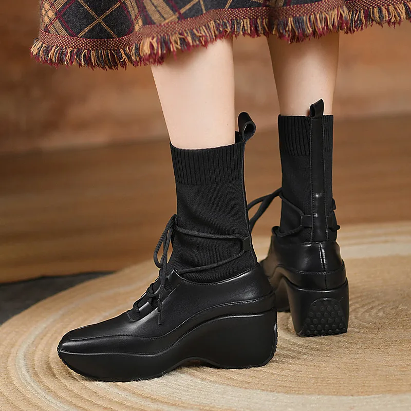 Beli MORAZORA 2022 Sepatu Wedges Hak Tinggi Diskon Besar-besaran Sepatu Bot Kaus Kaki Melar Wanita Sepatu Bot Pergelangan Kaki Musim Dingin Rajut + Kulit Asli Wanita