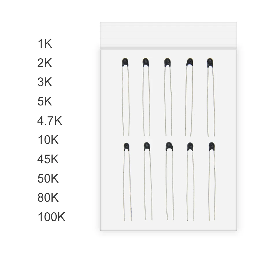 100pcs=10value*10pcs NTC Thermistor Resistor Kit NTC-MF52AT 1K 2K 3K 4.7K 5K 10K 20K 47K 50K 100K +-5% 3950B | Электронные