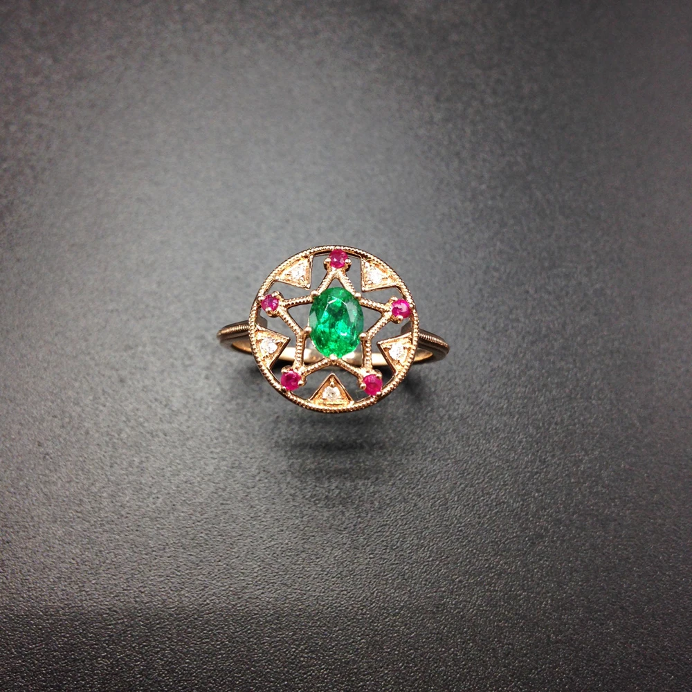 Кольцо обручальное с натуральным Изумрудом и настоящим Рубином для женщин |