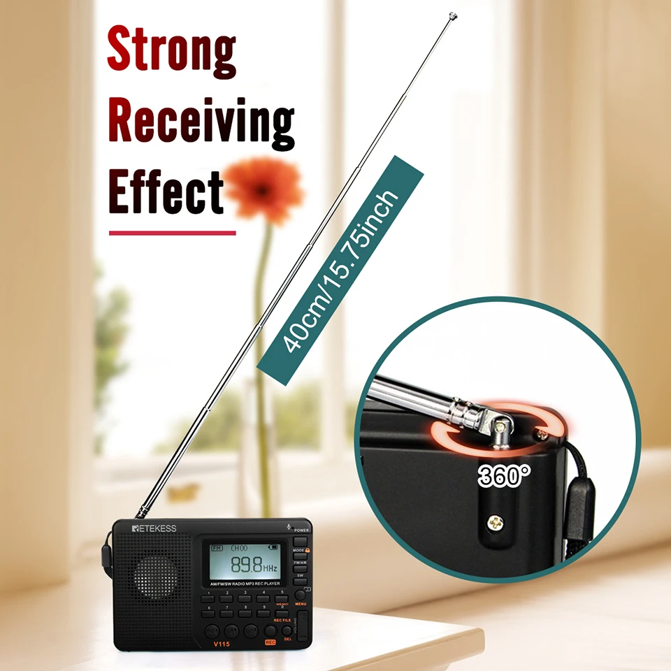 RETEKESS V115 Radio FM AM SW Portable Radios AM FM Rechargeable Shortwave Radio On Batteries All Full Waves USB Recorder Speaker