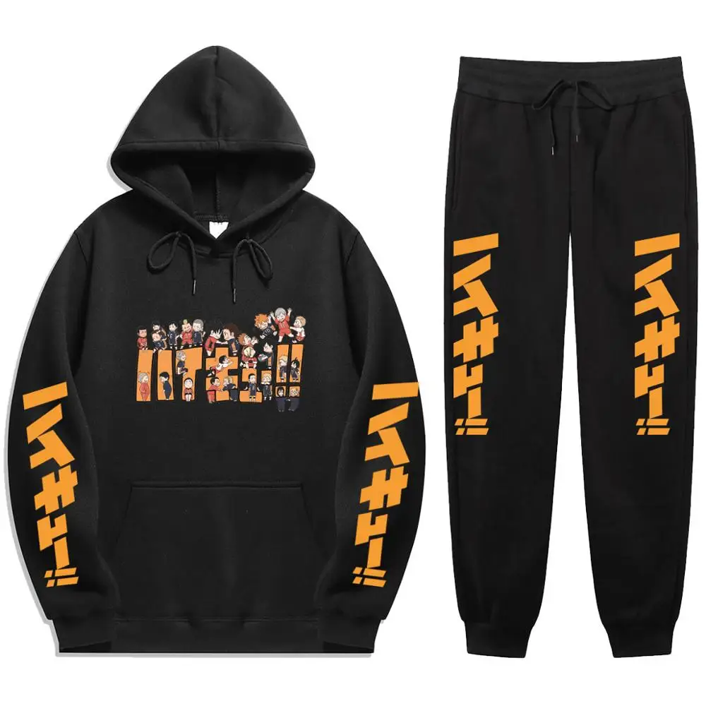 

Anime Haikyuu!! Nekoma High School Sportwear Winter Tracksuit 2 Piece Set Print Hoodies pants Sportwear men Suit Hoodie Set