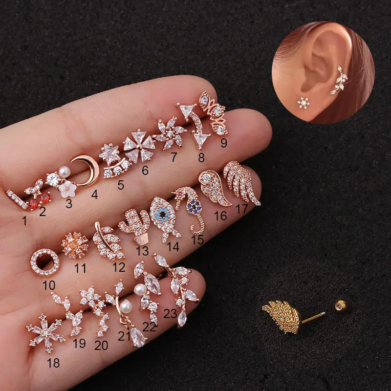 

2021 New Korea Fashion Rose Golden Zircon Earrings for Woman Glaring Cherry Snowflake Sea Horse Ear Stud Jewelry Wholesale