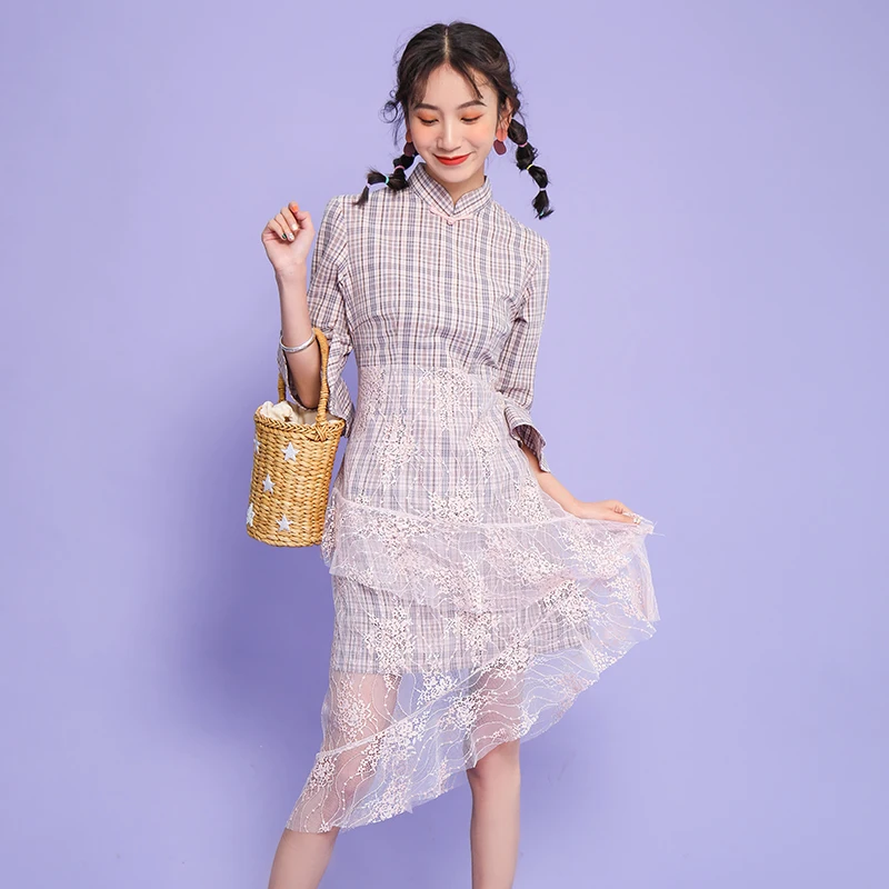 Элегантное китайское стильное улучшенное женское платье cheongsam с коротким рукавом и сеткой, женское классическое восточное платье aodai