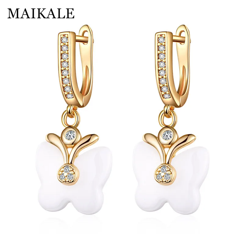 gold white MAIKALE трендовые черные керамические серьги в форме бабочки для женщин золотой цвет Цирконий драгоценный камень очаровательные серьги-Капли Ювелирные изделия Подарки - Окраска металла: gold white