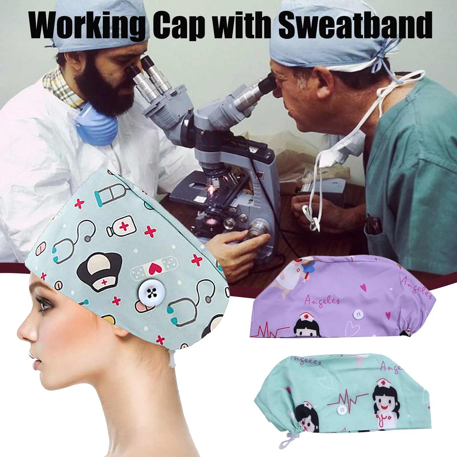 

2021 Working Cap With Buttons And Elastic Band For Mask Stretchy Ribbon Tie Ponytail Hats Nurse Hats Chef Hats шапка женская