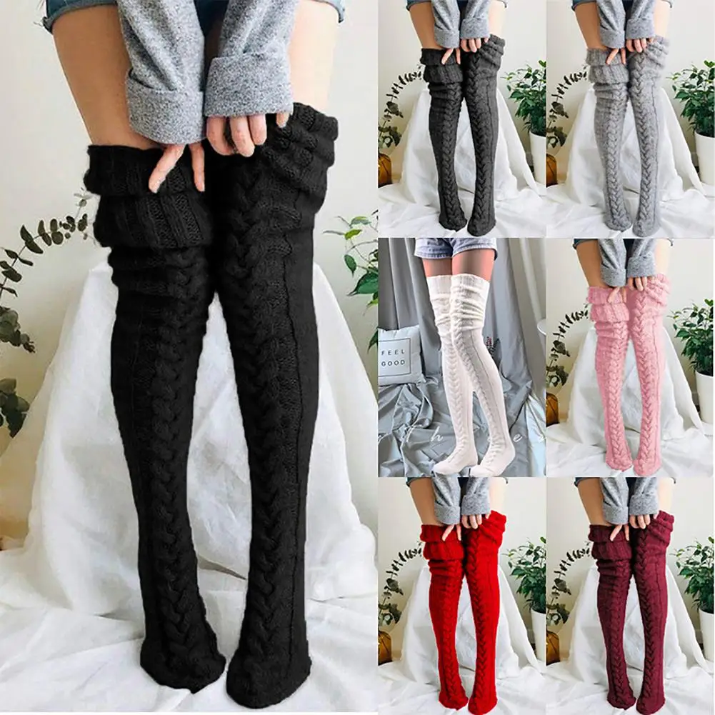 

Women Thigh High Socks Extra Long Woolen Knit Warm Thick Tall Long Boots Stockings Leg Warmers For Girls Winter Pile Thick Socks