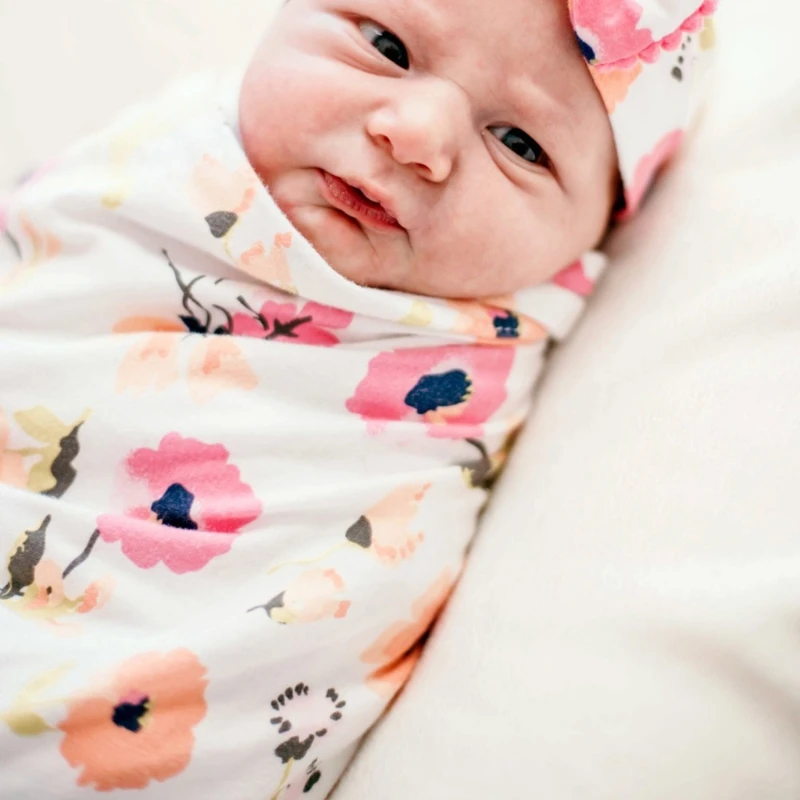 

2Pcs/Set Newborn Sleeping Bag Hair Band Kit Infant Floral Swaddle Wrap Baby Receiving Blanket Headband Set