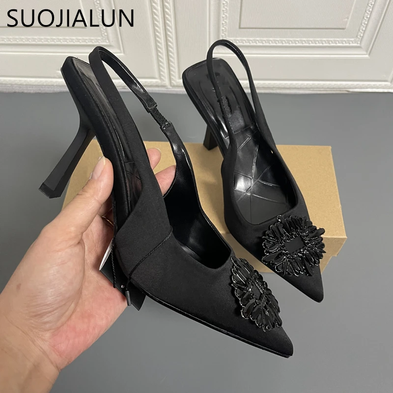 SUOJIALUN 2022 New Spring Fashion Crystal Buckle Sandals Women Thick High Heels Pointed Toe Slingback Shoes Elegant Slip On Mule