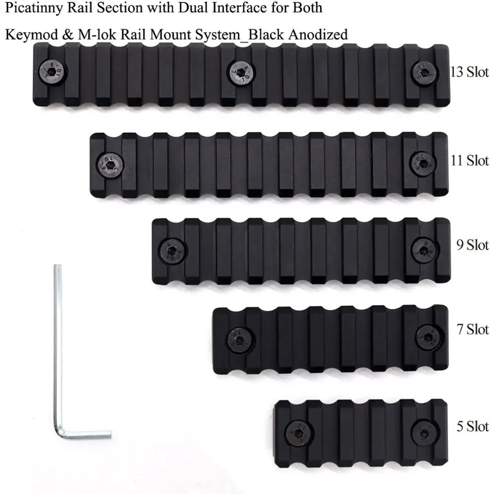 

Сегменты рейки Пикатинни Aplus, обновленные на 5/7/11/13 ячеек, подходят как для Keymod, так и для системы крепления наручников M-lok