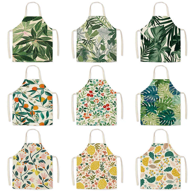 

Free Shipping Green leaf Fabric linen printed bodice overalls apron Home Cooking Baking Bibs Cleaning Tools
