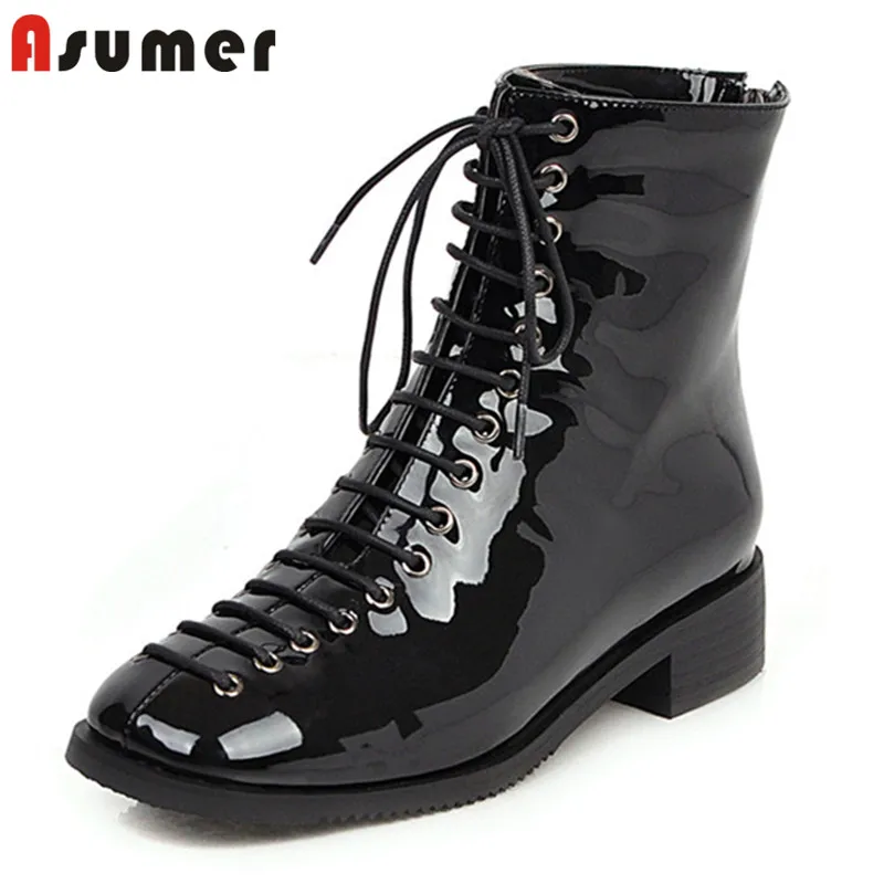 

Женские ботильоны на низком каблуке ASUMER, с перекрестной шнуровкой, с квадратным носком, повседневная обувь, большой размер 46, Осень-зима, 2020