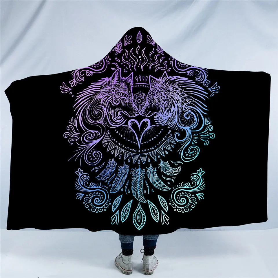 Wolves Heart Black Волк воин от SunimaArt с капюшоном одеяло взрослых Хранитель снов с изображением волков Шерпа флис микрофибра носимых пикника пледы одеяло - Цвет: Wolves Heart Black