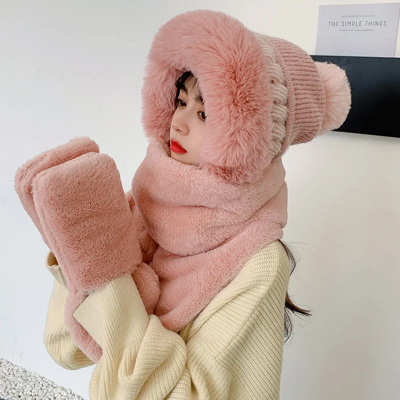 

Hollow Plush Hat Scarf Gloves One-piece Cap Women Winter Thickened Net Red Gloves To Keep Warm Lei Feng Hat Wholesale
