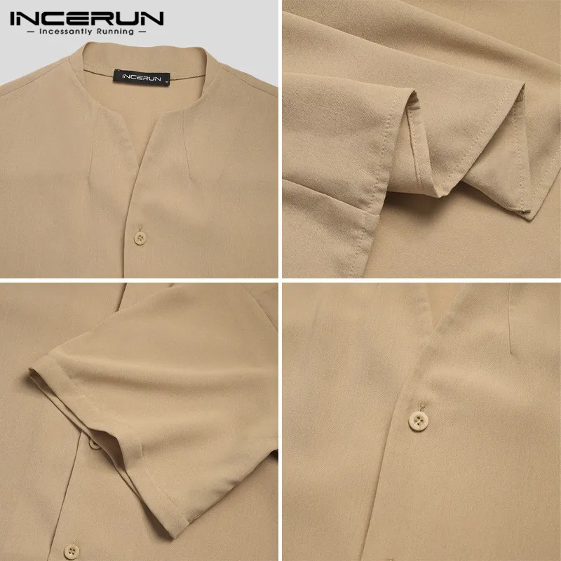 

Korean Style Loose Camisa Hombre Retro Breathable Shirts INCERUN Mens Solid Shirts Short Sleeve V Neck Vintage Blouse Plus Size