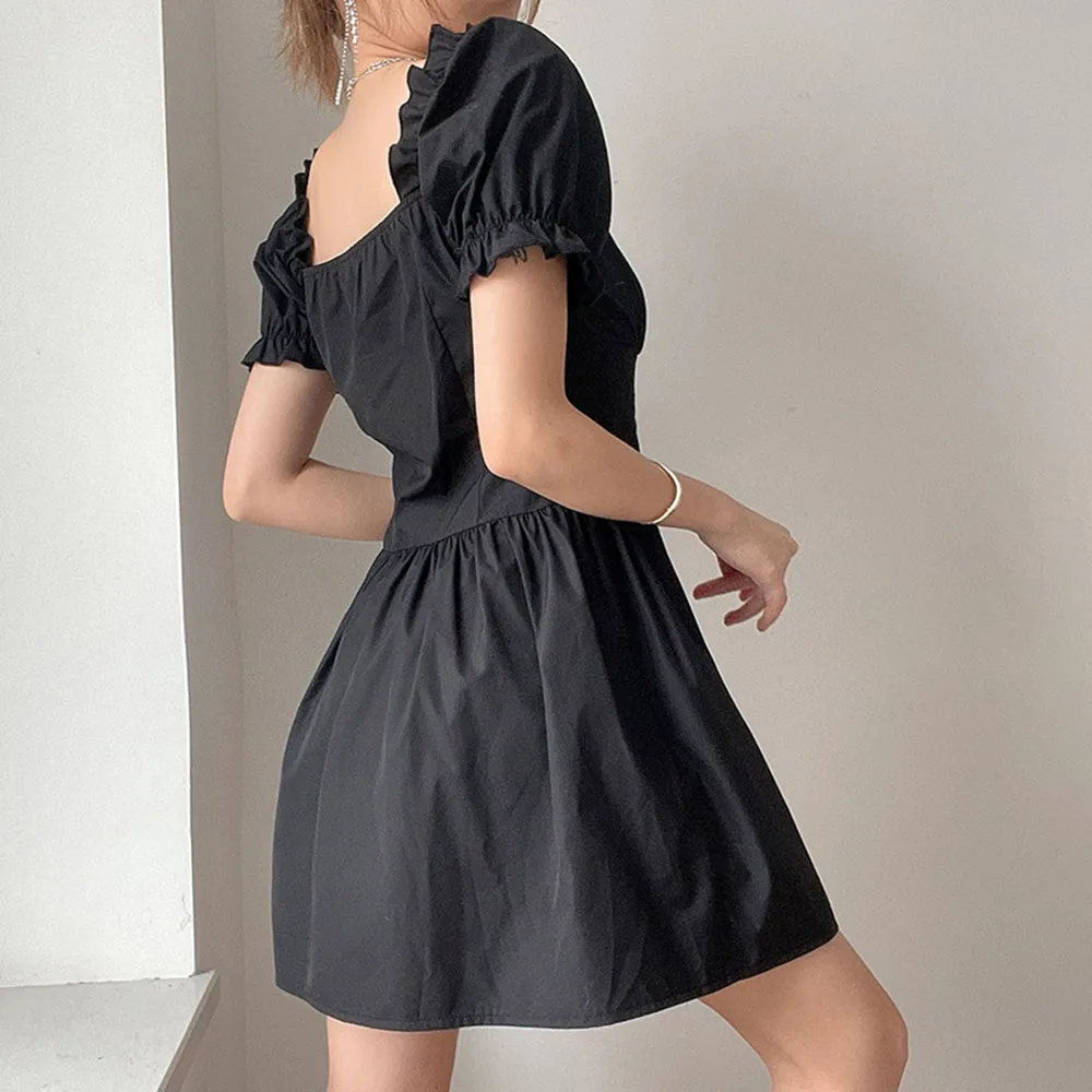 

Gothic Fashion Temperament 2021 Summer Women's Dress Loose Casual Hipster Designer Bandage High Waist Square Collar Puff Sleeve