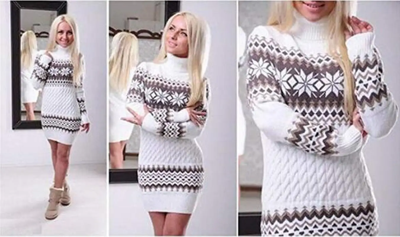 ZOGAA Long Sweater Women 2019 Winter Turtleneck Knitted Christmas Turn-down Collar Printed Pullovers Female Jumpers | Женская одежда