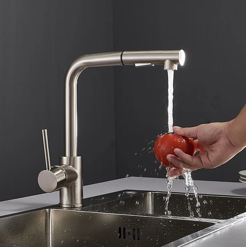 Поворотный кухонный кран латунный никель Высокий арочный для раковины выдвижной