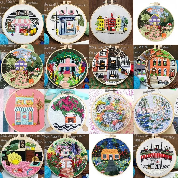 

1set Embroidery Kit Beginner DIY Stampe Starter Plants Pattern Cloth Color Threads Tools Craft Round Cross Stitch Sewing Craft K