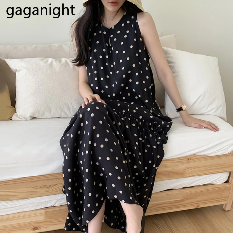 Gaganight винтажное женское длинное платье в горошек летнее тонкое шикарное