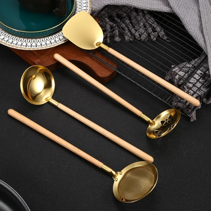 Кухонная утварь с деревянной ручкой кухонная нержавеющая сталь Золотая