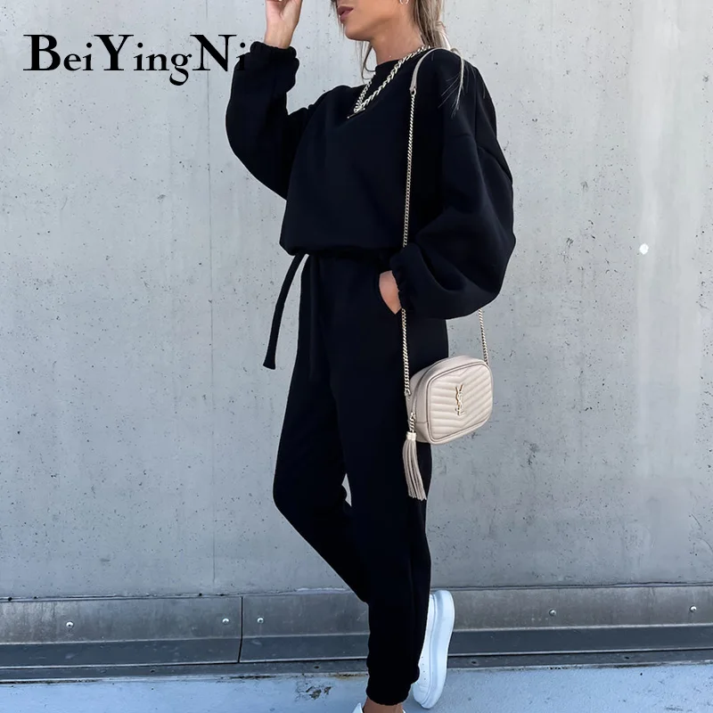 

Beiyingni 2021 повседневный комплект брюк Женская мода Harajuku толстовки большого размера шаровары с эластичным поясом флисовые брюки с высокой тал...