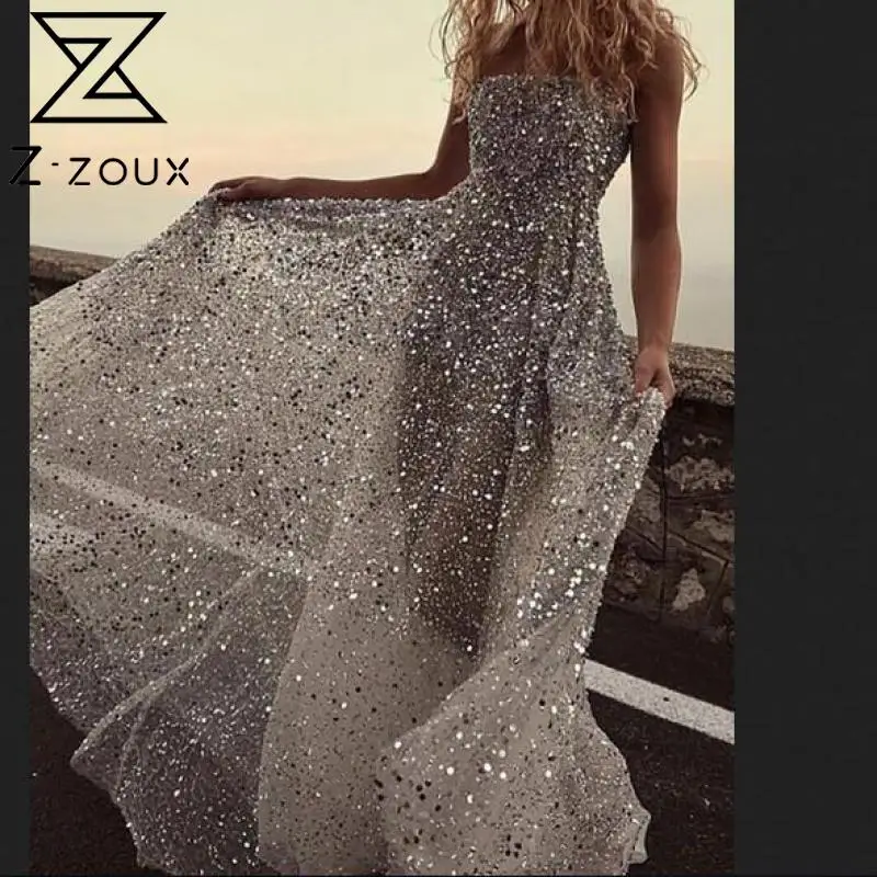 

Z-ZOUX Women Dress Temperament Strapless Sequins Blackless Sleeveless High Waist Large Hem Banquet Sexy Maxi Dresses 2022 Spring