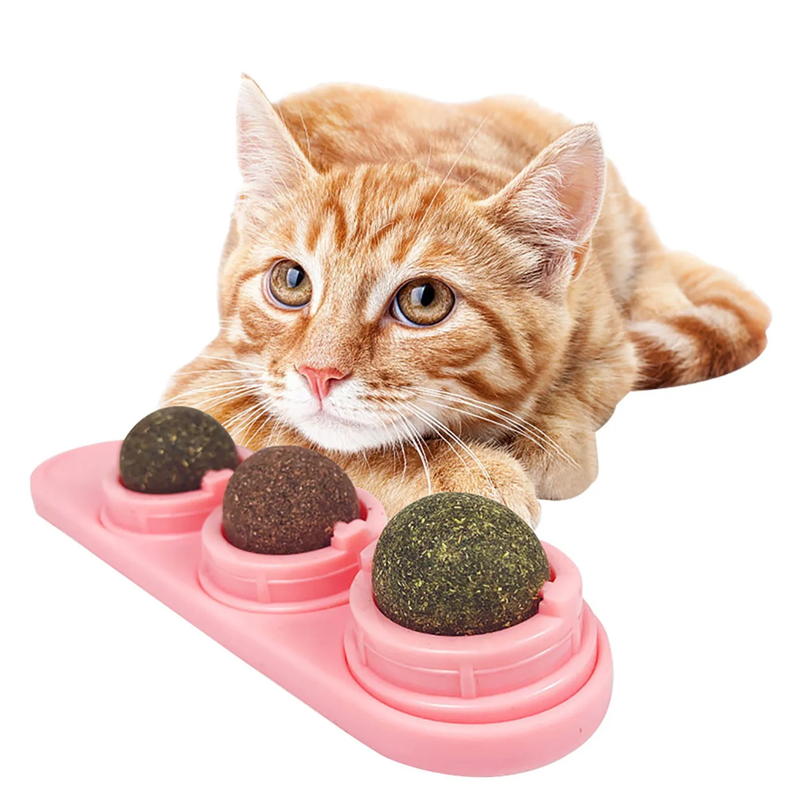 

Cat Catnip Ball Set Self-adhesive Rotated Catnip Silvervine Lick Ball Pet Kitten Molar Teething Cleaning Toy Wall Mount