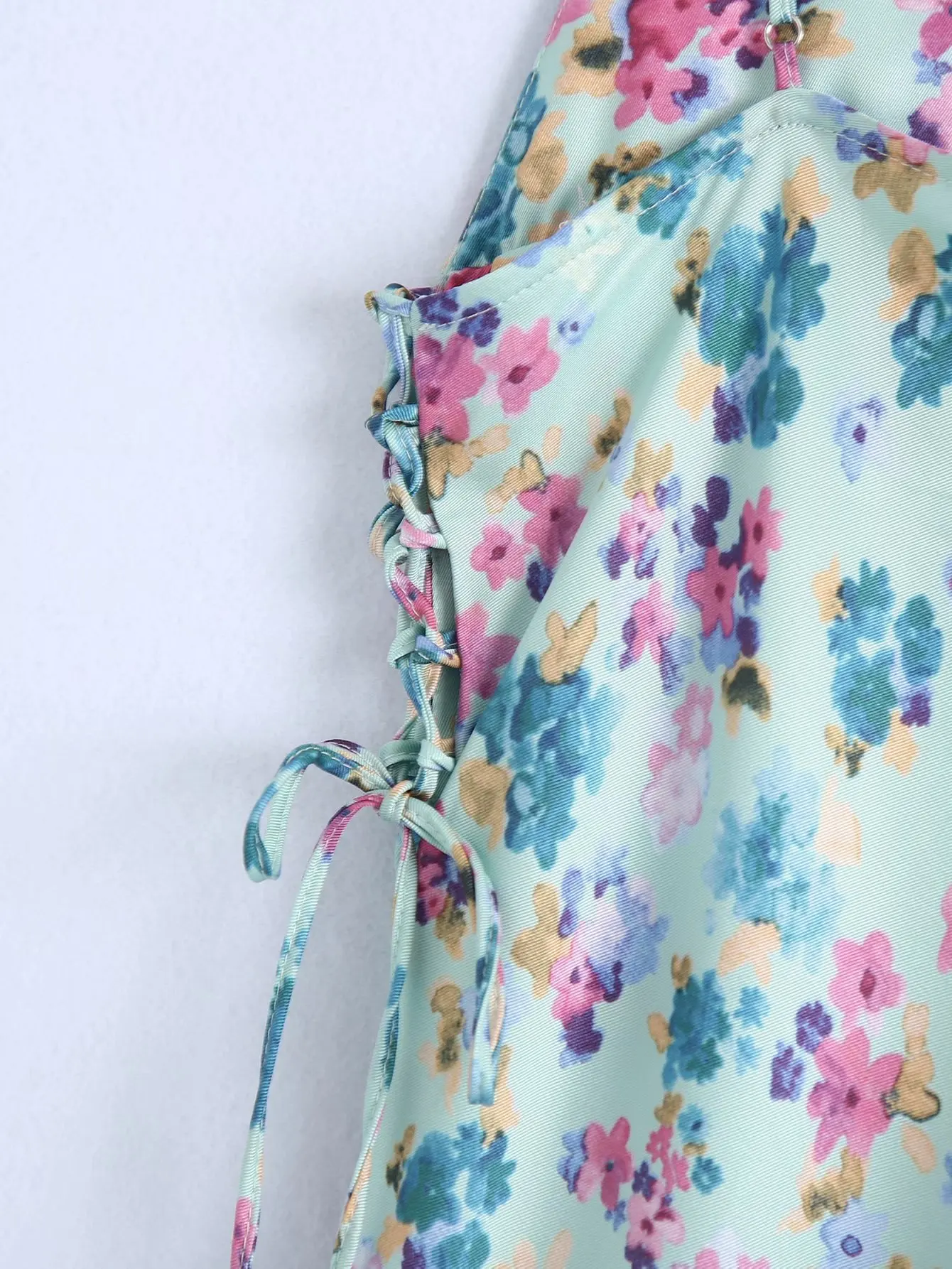 

Sexy V-neck Sleeveless Women Sling Dress Vintage Flower Print Side Pleated Drawstring Waist Chic Female Dresses Mujer