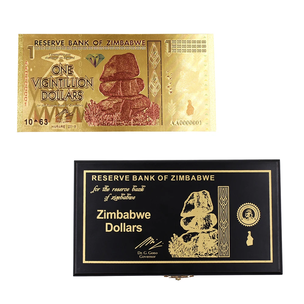 

Zimbabwe Gold Banknotes Fake Money Bills One Vigintillion Dollars 24k Gold Foil Banknote with Box for Christmas Gifts 50pcs/lot