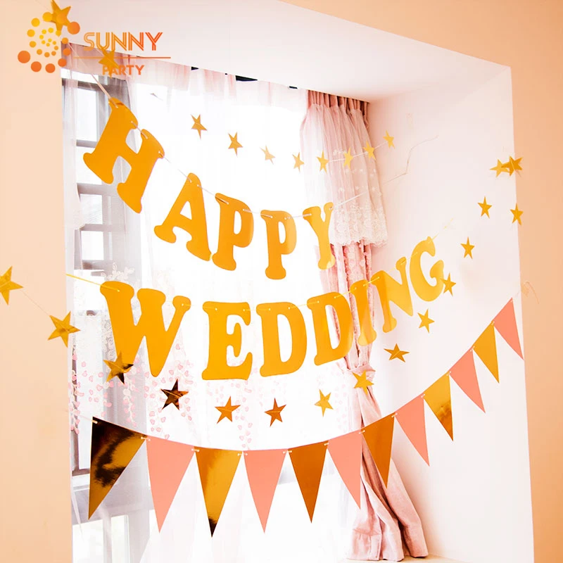 Блестящие золотые буквы Happy Wedding Висячие флажки баннеры вечерние украшения Вымпел овсянка гирлянда Свадебные товары для дня рождения