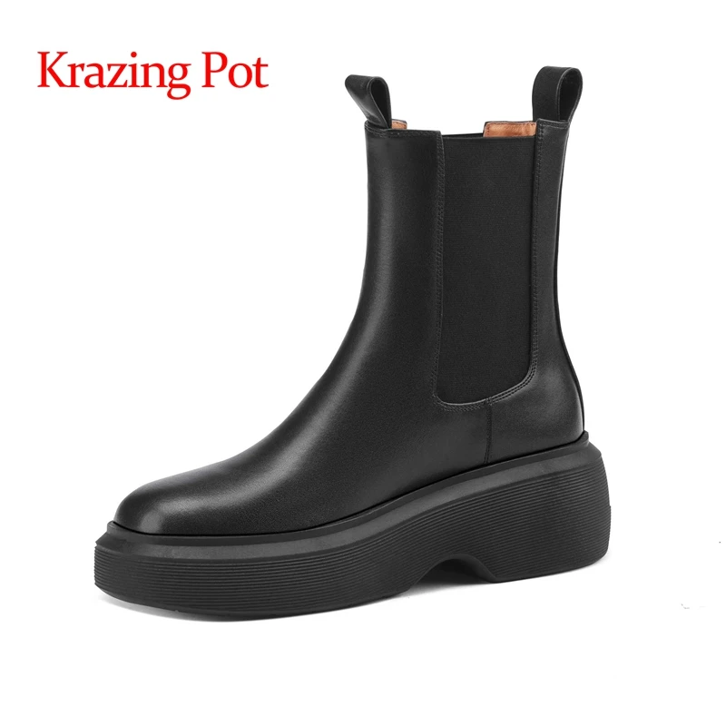 

Krazing pot new genuine leather round toe thick bottom Chelsea boots England style retro fashion all-mach brand ankle boots L80