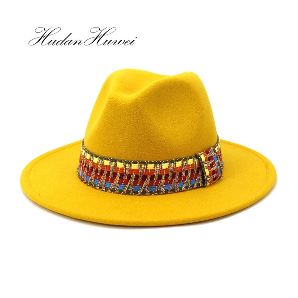 

2020 Hot Sell Gentlemen Elegant Ladies Jazz Panama Woolen Fedora Hat Flat Wide Brim Church Wedding Caps