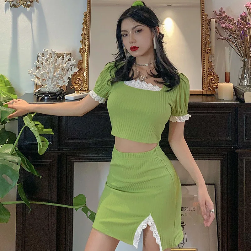 

Girls Cute Ribbed Square Collar Puff Sleeve with Lace Crop Tops and Mini Skirt 2 Piece Sets Y2K Fashion Matching Sets