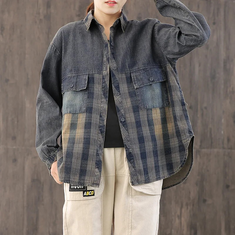 Женское двубортное пальто Johnature весеннее Пестрое с отложным воротником из